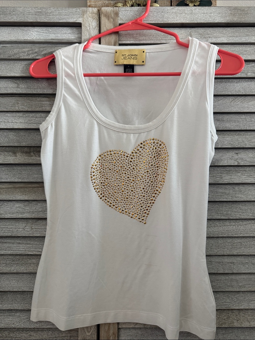 St. John White Tank Top with Gold Heart Stud Detail